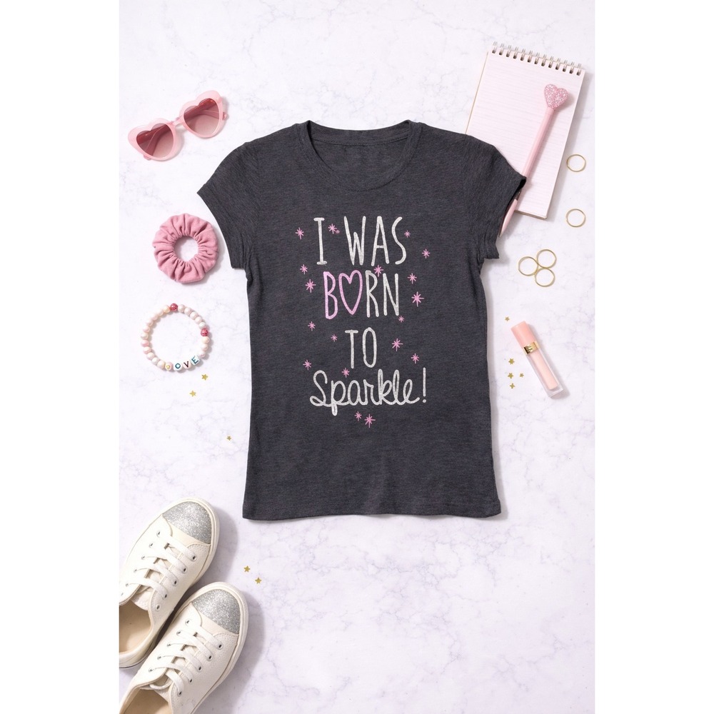 Kids Girls Dark‎ Gray I Was Born to Sparkle T Shirt Size 10 12